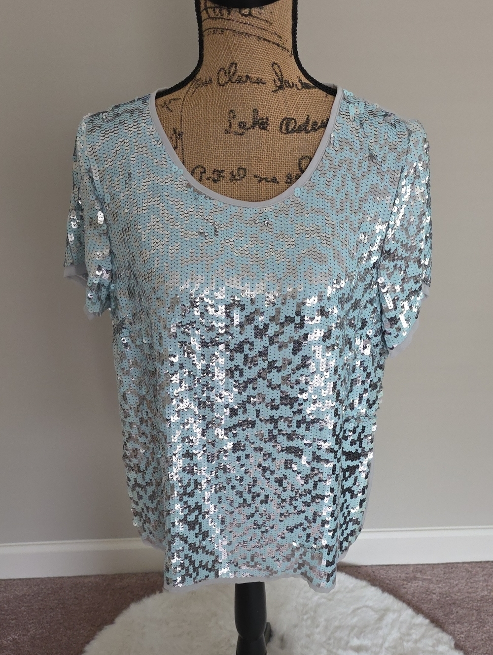 Pleione Pale Blue Sequin Short Sleeve Scoop Neck Top